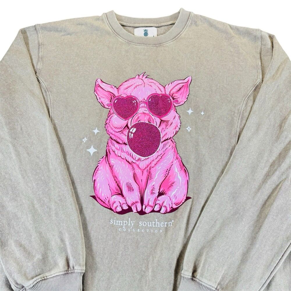 Simply Southern Collection Sz L Cute Pink Pig Heart Glasses Bubblegum Crew Neck
